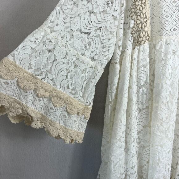Via Veneto Midi Dress Women's Vintage Ivory Lace V-neck Flare Sleeves Boho Fairy - Picture 4 of 12